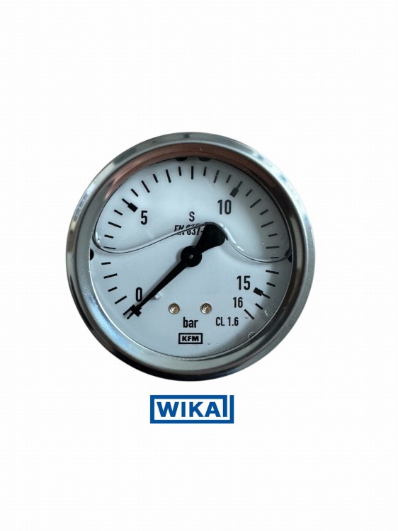 Manometr glicerynowy WIKA 0–16 bar, tarcza 63 mm, przyłącze/wyjście tylne (radialne), gwint G1/4, nr kat. 12150843