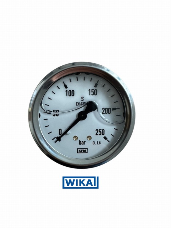 Manometr glicerynowy WIKA 0–250 bar, tarcza 63 mm, przyłącze/wyjście tylne (radialne), gwint G1/4, nr kat. 7525960