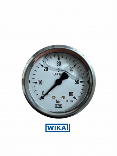 Manometr glicerynowy WIKA 0–60 bar, tarcza 63 mm, przyłącze/wyjście tylne (radialne), gwint G1/4, nr kat. 12077420