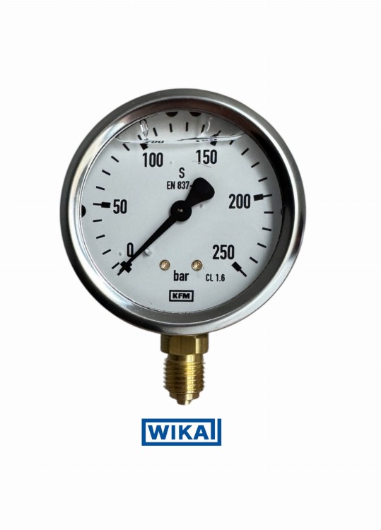 Manometr glicerynowy 0–250 bar, tarcza 63 mm, przyłącze/wyjście dolne
